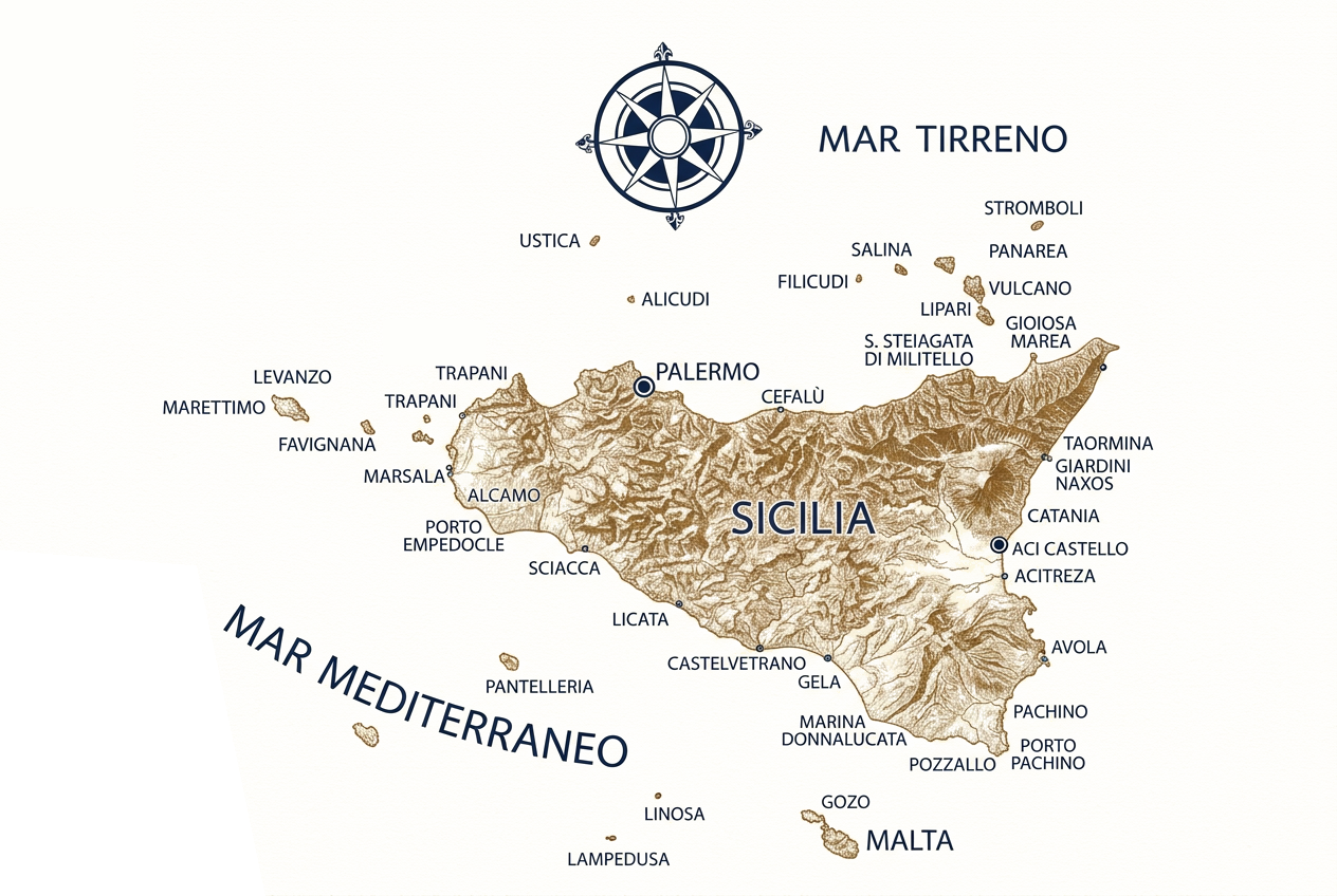 Cartina illustrata della Sicilia e delle isole siciliane